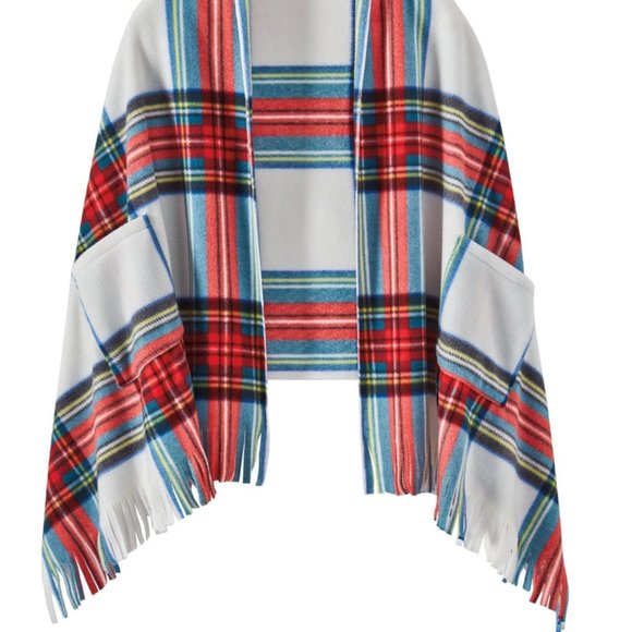 NEW Multicolored Plaid One Size Soft Fleece Lightweight Fringed Wrap Pockets - Picture 2 of 2